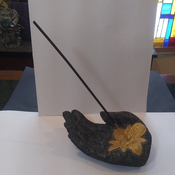 Volcanic Stone Incense Holder  Black Hand lotus flower - Picture 3 of 16